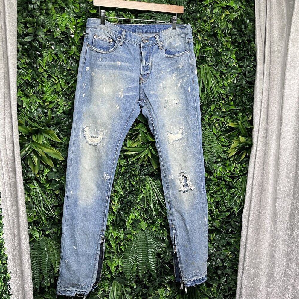 MNML jeans Men 33 Blue Denim Slim Skinny Distressed Ripped Paint Ankle‎ Zip 2530